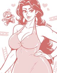 1girls big_breasts bracelet breasts cleavage clothed clothing curvaceous curvy detailed_background dress earrings female female_only fingernails hand_on_hip heart human kaigetsudo long_hair looking_at_viewer mario_(series) mario_vs._donkey_kong mini_mario nintendo pauline shiny_clothes solo thick wide_hips