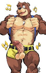 2019 41raco anthro backpack bag balls banjo-kazooie banjo_(banjo-kazooie) bottomwear brown_fur closed_eyes clothing erection fur furry hi_res humanoid_hands humanoid_penis jewelry kirupi male male_focus male_only mammal muscular muscular_male musical_note necklace nipples pecs penis penis_through_fly rareware shorts simple_background solo ursid video_games white_background