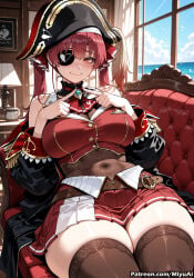 1girl ai_assisted ai_generated bangs bare_shoulders belt black_legwear blush bodystocking breasts brooch buttons covered_navel curvaceous curvy curvy_female curvy_figure eyepatch female hair_ribbon hat heart hololive houshou_marine indoors jewelry lace large_breasts long_hair looking_at_viewer miniskirt miyuai pirate_hat pleated_skirt red_eyes red_hair red_skirt ribbon sitting skirt smile solo thick thick_ass thick_butt thick_hips thick_legs thick_thighs thighhighs twintails virtual_youtuber voluptuous voluptuous_female wide_hips wide_thighs window
