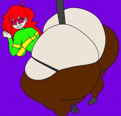 ass brown_pants chara chara_(cosplay) friday_night_funkin friday_night_funkin_mod gigantic_ass green_sweater huge_ass huge_breasts massive_ass modinnikita penetration pole pole_between_ass purple_eyes red_eyes red_hair skyra skyverse smile smiling smiling_at_viewer thick_thighs undertale