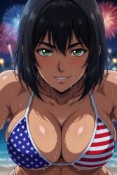 1girls 4th_of_july ai_generated america american american_female american_flag_bikini bangs beach bikini black_hair breasts_pressed_against_floor celebrating celebration female female_focus fireworks fourth_of_july green_eyes hi_res high_quality high_resolution hires ocean original original_character tagme towel united_states united_states_of_america very_high_resolution water wet wet_body