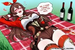 1girl ai_assisted ai_generated amber_(genshin_impact) cleavage closed_eyes drunk english_text fatest_squirrel genshin_impact gloves grass hand_on_own_chest long_sleeves medium_breasts on_back open_mouth shorts thighhighs wine_bottle