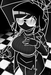 2d_(artwork) aura big_breasts black_and_white brown_hair emotionless emotionless_female female female_only glasses goth goth_girl human interloper_(series) mynokis5 no_genitals_shown skyghost_(interloper) solo solo_female
