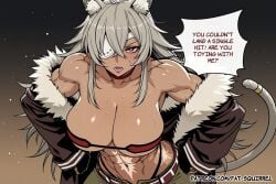1girl ai_assisted ai_generated cat_tail contrapposto dirty dirty_clothes english_text eyepatch fatest_squirrel fingernails ghislaine_dedoldia large_breasts leaning_forward looking_at_viewer mushoku_tensei open_mouth red_eyes scar_on_cheek serious_expression standing sweat