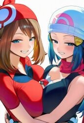 ai_generated big_breasts breasts_to_breasts circle_ueponzu dawn_(pokemon) huge_breasts looking_at_viewer may_(pokemon) pokemon