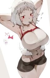 1girl 2girls ahoge albino alternate_breast_size arm armpits arms_behind_head arms_up black_shorts blush bouncing_breasts breasts busty camisole chibi chibi_inset clothing cowboy_shot deko_morii fate/kaleid_liner_prisma_illya fate/stay_night fate_(series) female food grey_hair groin high_resolution huge_breasts illyasviel_von_einzbern large_breasts leysritt leysritt_(fate) medium_hair midriff mouth_hold multiple_girls png portrait red_bow red_eyes shirt short_hair short_shorts shorts simple_background solo_focus thighs very_high_resolution white_background white_camisole white_hair white_shirt
