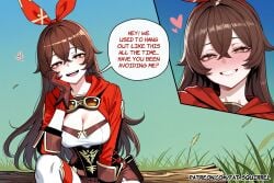 1girl ai_assisted ai_generated amber_(genshin_impact) brown_eyes cleavage elbow_on_knee elbow_rest english_text fatest_squirrel full-face_blush genshin_impact gloves grass grin half-closed_eyes log long_sleeves looking_at_viewer medium_breasts open_mouth parted_lips shorts sitting smile thighhighs