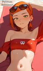 aged_up ai_generated beach beach_towel ben_10 bikini blush crop_top exposed_midriff exposed_torso female female_only green_eyes gwen_tennyson laying_on_floor looking_at_viewer navel paid_reward_available patreon petite petite_body red_hair sebassart sexy solo sweat thin_waist