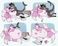1female 1male 1male1female anthro anthro_male big_belly black_hair black_hair_male comic doublecue_cuedouble female female_pred fox fox_ears fox_girl fox_tail furry furry_female furry_only heart_symbol kitsune multiple_tails no_pants oc pantsless pink_body pink_fur pink_skin pink_skinned_female prey purple_hair purple_hair_female red_eyes scarred_body shark_boy shirt_only squirming_prey strawberry_print sweater thick_thighs vore vore_belly vore_sequence
