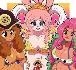 1boy 3girls aphelandra big_boobs big_breasts female giantess large_breasts larger_female lewdscrap male monkey_d_luffy one_piece ripley_(one_piece) shirahoshi smaller_male