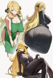 1girls ai_generated apron big_ass big_breasts blonde_hair boob_window circle_ueponzu cleavage cynthia_(pokemon) female female_only huge_ass huge_breasts pokemon sideboob solo