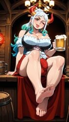 1futa 1girl 2026 2d ;p absurd_res absurd_resolution absurdres ai_generated alcohol bare_shoulders barefoot beer beer_mug blue_hair breasts bulge cleavage collarbone corset cup dirndl earrings erection feet foot_focus full_body futanari german_clothes gradient_hair green_hair hair_ornament hi_res high_quality high_resolution highres holding holding_cup hoop_earrings horns image indoors jewelry large_breasts legs long_hair looking_at_viewer mayrainart mug multicolored_hair multicolored_horns one_eye_closed one_piece oni patreon red_eyes red_horns short_sleeves sitting smile soles solo toenails toes tongue tongue_out uncensured white_hair yamato_(one_piece)