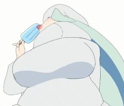 1girls animated aqua_hair bouncing_breasts breasts denpatou game_freak huge_breasts human jiggle licking melony_(pokemon) milf nintendo pokemon popsicle solo video_games