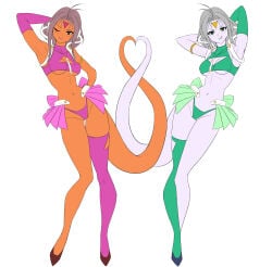 2girls adult_swim alluring ark_line bishoujo_senshi_sailor_moon brown_eyes castor_(sailor_moon) cleavage crop_top green_eyes grey_hair high_heels medium_breasts pollux_(sailor_moon) posing skirt thighhigh_socks toei_animation toonami viz_media