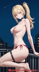 1girls ai_generated barefoot belly_button big_breasts black_choker blonde_hair breasts busty chest choker cissia_(zenless_zone_zero) erect_nipples female_only full_body hard_nipples hi_res highres hips hoyoverse large_breasts lingerie long_hair looking_at_viewer midriff mihoyo natsuyoru navel nipples panties partially_clothed patreon pov red_eyes red_panties side-tie_panties side_ponytail smile solo solo_female standing stomach thigh_strap thighs topless underwear zenless_zone_zero