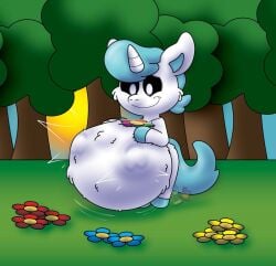 anthro anthro_female anthro_only blue_hair blue_hair_female craftycorn craftycorn_(poppy_playtime) critters_(poppy_playtime) enjoying_pregnancy fetal_movement kicking_(pregnancy) looking_down mob_entertainment poppy_playtime poppy_playtime_(chapter_3) pregnancy pregnant pregnant_female smiling_critters unicorn unicorn_horn what what_the_fuck white_fur