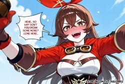 1girl ai_assisted ai_generated amber_(genshin_impact) brown_eyes cleavage drunk english_text fatest_squirrel full-face_blush genshin_impact gloves long_sleeves medium_breasts open_mouth reaching_towards_viewer v-shaped_eyebrows