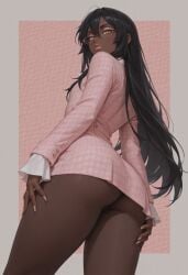 1boy 1femboy ai_generated alternate_version_available ass big_ass black_hair blush crossdressing dark-skinned_femboy dark_hair dark_skin femboy feminine_male girly glasses long_hair looking_at_viewer low-angle_view no_panties office_clothing office_lady original pantyhose solo thighs trap vuurtoren yellow_eyes