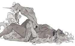 2girls black_and_white blush blushing celeste_(deadlock) collar deadlock earring pubic_hair riding scar scars silver_(deadlock) spicy_raeman tattoo tattoos trans_woman transfem unicorn valve werewolf yuri