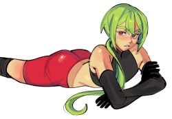 1boy 1femboy 2026 ass ass_focus blush blushing butt butt_focus clothed clothing crop_top crossed_arms digital_media_(artwork) femboy femboy_only fully_clothed gloves green_hair laying_down laying_on_stomach long_gloves long_hair lyssahh male male_only no_visible_genitalia original original_character pomme_(lyssahh) red_eyes shorts sleeveless sleeveless_shirt solo solo_femboy solo_male white_background
