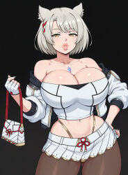 1girls ai_assisted ai_generated bimbo bimbo_lips bimboports_(ai) breast_implants cameltoe cat_ears catgirl eyeshadow fake_breasts fingerless_gloves huge_breasts jacket midriff miniskirt mio_(xenoblade) nail_polish navel navel_piercing off_shoulder pantyhose purse thick_lips thong thong_straps tubetop xenoblade_(series) xenoblade_chronicles_3