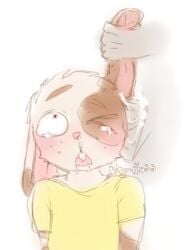 ambiguous_gender anthro bunny cub ear_fuck ear_fucking ear_penetration earfuck furrification furry human_on_anthro inkypuffz ipukeink morty_smith pocket_mortys rabbit rick_and_morty skull_fucking