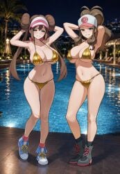 2girls ai_generated big_breasts bikini brown_hair circle_ueponzu hilda_(pokemon) pokemon rosa_(pokemon)