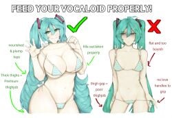 2d 2d_(artwork) 2girls bikini blue_bikini blue_hair breasts commentary curvaceous english_commentary english_text female_focus female_only flat_chest hatsune_miku highres huge_breasts large_breasts navel skimpy small_breasts stomach thick thick_thighs twintails vocaloid