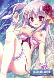 1girl absurdres bikini bikini_pull bikini_top_only bottomless breasts clothes_pull flower hair_flower hair_ornament highres large_breasts long_hair looking_at_viewer matsumiya_kiseri nipples open_mouth original purple_hair red_eyes solo swimsuit water