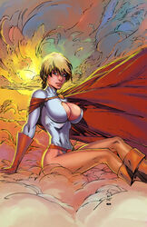 1girls big_breasts blonde_hair blue_eyes boots breasts brown_boots busty cape cleavage cleavage_cutout clouds curvaceous curvy dc dc_comics earth-2 earth2 earth_2 female female_only flying gloves jsa justice_society justice_society_of_america k-omer kara_zor-l karen_starr kryptonian leotard marc_silvestri pink_lips pinup power_girl red_cape red_gloves short_hair solo superheroine thighs voluptuous white_leotard