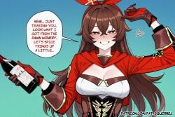 1girl ai_assisted ai_generated amber_(genshin_impact) brown_eyes cleavage english_text fatest_squirrel full-face_blush genshin_impact gloves grin half-closed_eyes holding_bottle long_sleeves looking_at_viewer medium_breasts wine_bottle