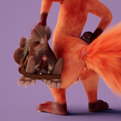 1:1 3d animal_genitalia anthro anus balls brown_fur canid canine disney duke_weaselton duo fox fur hi_res male male/male male_only mammal mustela mustelid musteline nick_wilde nude restrained scimunk simple_background spreading suspension zootopia