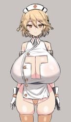 1girls barefoot blonde_hair braid buttons cleavage closed_eyes female female_only gloves grey_background huge_breasts light_blush looking_at_viewer nurse nurse_cap nurse_robot_type_t nurse_uniform orange_hair pussy short_hair simple_background solo solo_female straight-on thick_thighs thighs utau vocaloid voldred2525 white_dress white_gloves