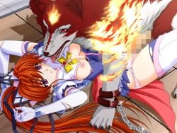 1boy 1girl 2000s_(style) animal bestiality bow breasts censored chain closed_mouth dog elbow_gloves elixir_lime fire game_asset gloves hetero long_hair lying magical_girl mahou_senshi_(series) mahou_senshi_elixir_knights medium_breasts mosaic_censoring nipples non-web_source official_art on_back panties penis pink_panties ponytail purple_eyes rape red_eyes red_hair ribbon saitou_natsuki self-datamine sex solo_focus tachibana_arisu_(mahou_senshi) thighhighs torn_clothes underwear vaginal variant_set visual_novel_cg wolf zoophilia