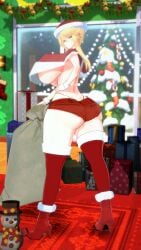 1girls artoria_pendragon artoria_pendragon_(lancer) ass back_view big_ass big_breasts blonde_hair breasts christmas_clothing christmas_outfit christmas_tree fate/grand_order fate_(series) female female_only green_eyes high_heels huge_breasts legwear light-skinned_female paracetamolkoi presents sack short_jeans sideboob solo thick_thighs thong voluptuous voluptuous_female