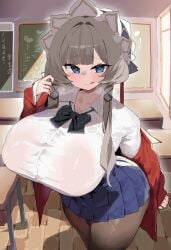 1girl 1girls :q alternate_breast_size_(larger) alternate_costume arm_behind_back black_bow black_bowtie blue_eyes blue_skirt blunt_bangs blush bow bowtie breasts bright_pupils brown_pantyhose buttons chalkboard chinese_commentary chinese_text classroom closed_mouth collared_shirt commentary_request covered_erect_nipples cowboy_shot day desk female female_only genshin_impact grey_hair hair_intakes hair_ornament hand_up headband heavy_breathing highres huge_breasts indoors jacket light-skinned_female long_sleeves looking_at_viewer miniskirt no_bra off_shoulder open_clothes open_jacket pantyhose pleated_skirt raised_eyebrows red_jacket romantic_meow sandrone_(genshin_impact) school_desk school_uniform see-through_clothes see-through_shirt shirt short_hair_with_long_locks sidelocks skirt sleeves_past_wrists solo sweat tally_marks text tongue tongue_out wet wet_clothes wet_shirt white_headband white_pupils white_shirt window wooden_floor x_hair_ornament