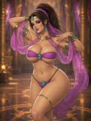 1girls ai_generated arabian_clothes armlet armpit_crease armpits arms_up belly_button black_outline blurry_background bracers bursting_breasts caramel caramel-skinned_female circlet dancer dancer_outfit dancing earrings eyelashes eyeshadow female grok hair_strand hair_tie half-closed_eyes harem_outfit hourglass_figure interior jewel large_breasts lipstick looking_at_viewer midriff narrow_waist neck_ring palace ponytail revealing_clothes rgomez007 royalty seductive_look self_upload sidelocks skindentation slight_smile solo_female thick_eyelashes thick_lips thick_thighs thighlet underboob veil voluptuous warm_colors warm_lighting wide_hips