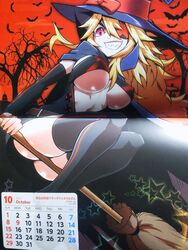 bat black_general blonde_hair breasts broom calendar_(medium) dead_tree eyepatch female female_only graveyard grin halloween large_breasts mugenjin october orange_sky precarious_woman_executive_miss_black_general red_eyes sharp_teeth smile spiky_hair star tombstone upskirt witch_costume witch_hat