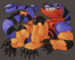 absurd_res anthro belly big_chin black_clwas black_nipples black_stripes claws fern_gully hi_res iguana iguanid lizard long_claws long_tail long_tongue lou_(fern_gully) lou_the_gouanna lying male mucular_male multicolored_body multicolored_skin muscular muscular_arms muscular_legs nipples orange_arms orange_legs pecs purple_body purple_tail ravuer reclining red_belly reptile scalie simple_background smile solo stripes tail tongue tongue_out yellow_eyes