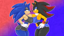 2girls anthro athletic big_breasts black_crop_top black_fur black_pants black_quills blue_background blue_crop_top blue_fur blue_pants blue_quills cleavage close_together confident crop_top curvy deep_cleavage digital_media_(artwork) duo exposed_midriff face_to_face female_only female_sonic_the_hedgehog fingerless_gloves fit_female furry gloves gradient_background half-closed_eyes hedgehog highres huge_breasts lesbian long_quills looking_at_another looking_at_viewer massive_breasts midriff multicolored_fur muscular_female orange_wristband purple_background red_background red_fur red_quills red_wristband rivalry rivals seductive sega shade_the_hedgehog shadina_the_hedgehog shadow_the_hedgehog shorts shqnnyhere simple_background skirt smirk solo_focus sonadow sonic_(series) sonic_the_hedgehog sonique_the_hedgehog teasing thick_thighs tight_pants toned two_tone_fur voluptuous white_gloves wide_hips wink wristband yellow_fur yuri