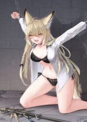 1girl ahoge animal_ear_fluff animal_ears arknights black_bra black_panties blonde_hair bra braid breasts commentary_request cuffs facial_scar fox_ears fox_girl fox_tail hair_between_eyes highres indoors kneeling long_hair navel neck_tattoo open_clothes open_shirt paid_reward_available panties restrained scar scar_on_cheek scar_on_face scar_on_leg screaming shackles shirt side-tie_panties single_braid solo stomach tail tattoo teeth underwear vulpisfoglia_(arknights) white_shirt yellow_eyes yeosi