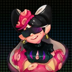 1boy 1girls alternate_costume black_gloves breast_squeeze breasts callie_(splatoon) cleavage cleavage_cutout collar earrings eyewear fangs female food food_on_head food_themed_earrings glasses gloves head_tilt hypno_shades_(splatoon) interspecies jewelry large_breasts long_hair mole mole_under_eye object_on_head octo_callie opaque_glasses paizuri paizuri_under_clothes penis pointy_ears pov solo_focus splatoon splatoon_(series) splatoon_2 squid_sisters straight studded_collar sunglasses tentacle tentacle_hair thick_eyebrows thirnz tinted_eyewear