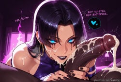 1boy 1girl ai_generated black_hair black_lips black_nails blue_eyes bridal_gauntlets cum dark-skinned_male dark_skin earrings english_text erection facial heart hetero interracial jewelry kurorgy large_penis lipstick lipstick_mark long_hair looking_at_viewer makeup marvel marvel_rivals nail_polish penis pov psylocke psylocke_(sai)_(vengeance) smile spoken_heart uncensored veiny_penis