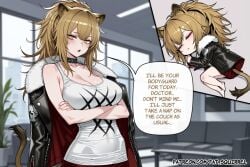 1girl ai_assisted ai_generated arknights chibi closed_eyes crossed_arms english_text fatest_squirrel large_breasts looking_at_viewer on_floor open_mouth siege_(arknights) sleeping snoring standing yellow_eyes