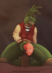 absurd_res anus ass bottomless clothed clothing dinosaur dinosaurs_(series) hi_res lizardlars male male_only musk penis reptile robbie_sinclair scalie scent solo