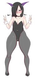 1boy androgynous black_hair blush bulge crossdressing curvy_figure earrings embarrassed fafnir_(dragon_maid) femboy girly horns leotard long_hair male male_only miss_kobayashi's_dragon_maid pantyhose rule_63 saltyxodium solo standing thick_thighs thighs