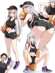 1boy 1girls ass ass_focus basketball_uniform belly black_panties elf elf_ears elf_female emilia_(re:zero) lifting_shirt multiple_views natsuki_subaru posing purple_eyes re:zero_kara_hajimeru_isekai_seikatsu shorts silver_hair sports_bra spread_legs thighs white_background zerobarto