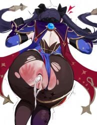 1girls after_anal ai_generated all_fours anal_creampie anus ass_focus back_view backless_outfit big_ass blushing_ears cum_dripping_from_ass cum_in_ass dark_blue_hair elbow_gloves genshin_impact leotard leotard_aside mona_(genshin_impact) pantyhose pussy ribbon_in_hair ripped_clothing ripped_pantyhose round_ass slap slap_mark solo_female solo_focus top-down_bottom-up tremble_spikes trembling twintails weeeenymoe