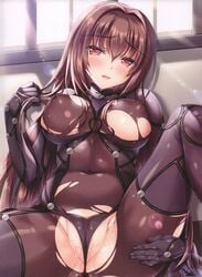 absurdres armor blush bodysuit breasts cameltoe covered_navel covered_nipples eyebrows_visible_through_hair fate/grand_order fate_(series) female fukase_ayaka hand_in_hair hand_on_ass highres indoors large_breasts long_hair looking_at_viewer nipples panties pauldrons purple_bodysuit purple_hair pussy_juice red_eyes scan scathach_(fate) shoulder_armor smile solo spread_legs torn_bodysuit torn_clothes underwear wet