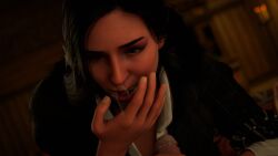 1boy 1girls 3d black_hair blowjob cd_projekt_red clothed cum cum_in_mouth female long_hair naked_male oral oral_sex penis render tagme the_witcher_(series) the_witcher_3:_wild_hunt yennefer